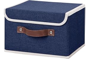 ANMINY Storage Bin with Lid Storage Boxes with PU Leather Handles PP Plastic Board Decorative Foldable Lidded Cotton Linen Fabric Home Cubes Baskets Closet Organizer Container - Blue, Small Size