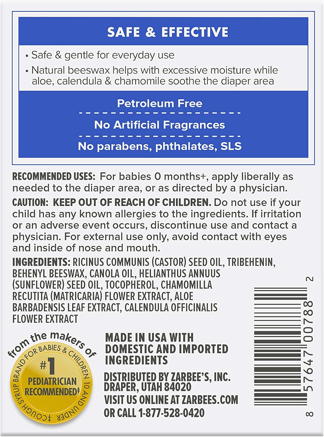 Zarbee's Naturals Baby Daily Bottom Balm with Beeswax, Calendula & Aloe, 4 Ounce: Health & Personal Care