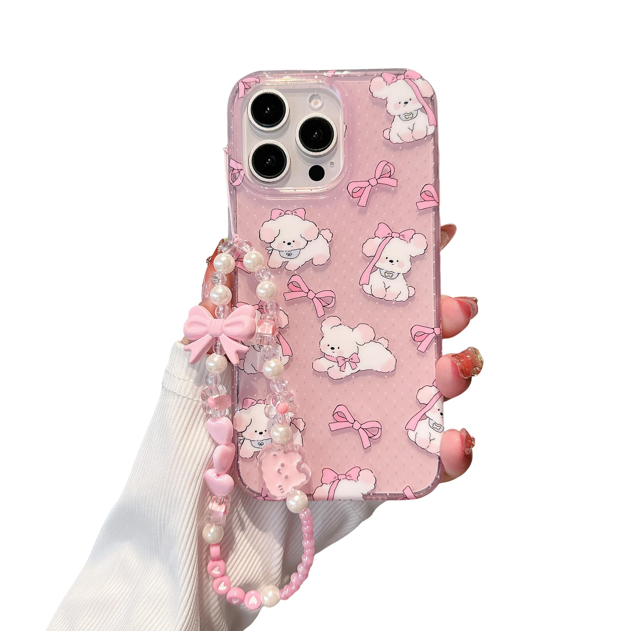 Compatible with iPhone 16 Pro Pink Transparent Case Cute Kawaii Cartoon Dog, Pink Bow Design Pattern, with Delicate Bracelet FIM Technology Military Grade Protection Designed for Women and Girls