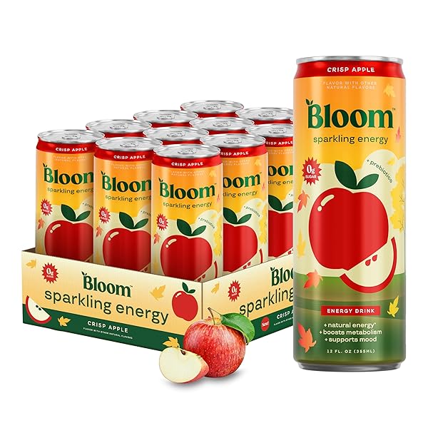BLOOM NUTRITION SPARKLING ENERGY DRINK – NATURAL CAFFEINE, ZERO SUGAR, 180MG CAFFEINE – ANTIOXIDANT-RICH WITH GREEN COFFEE BEAN, GREEN TEA EXTRACT, PREBIOTICS – CRISP APPLE – 12OZ 12 PACK