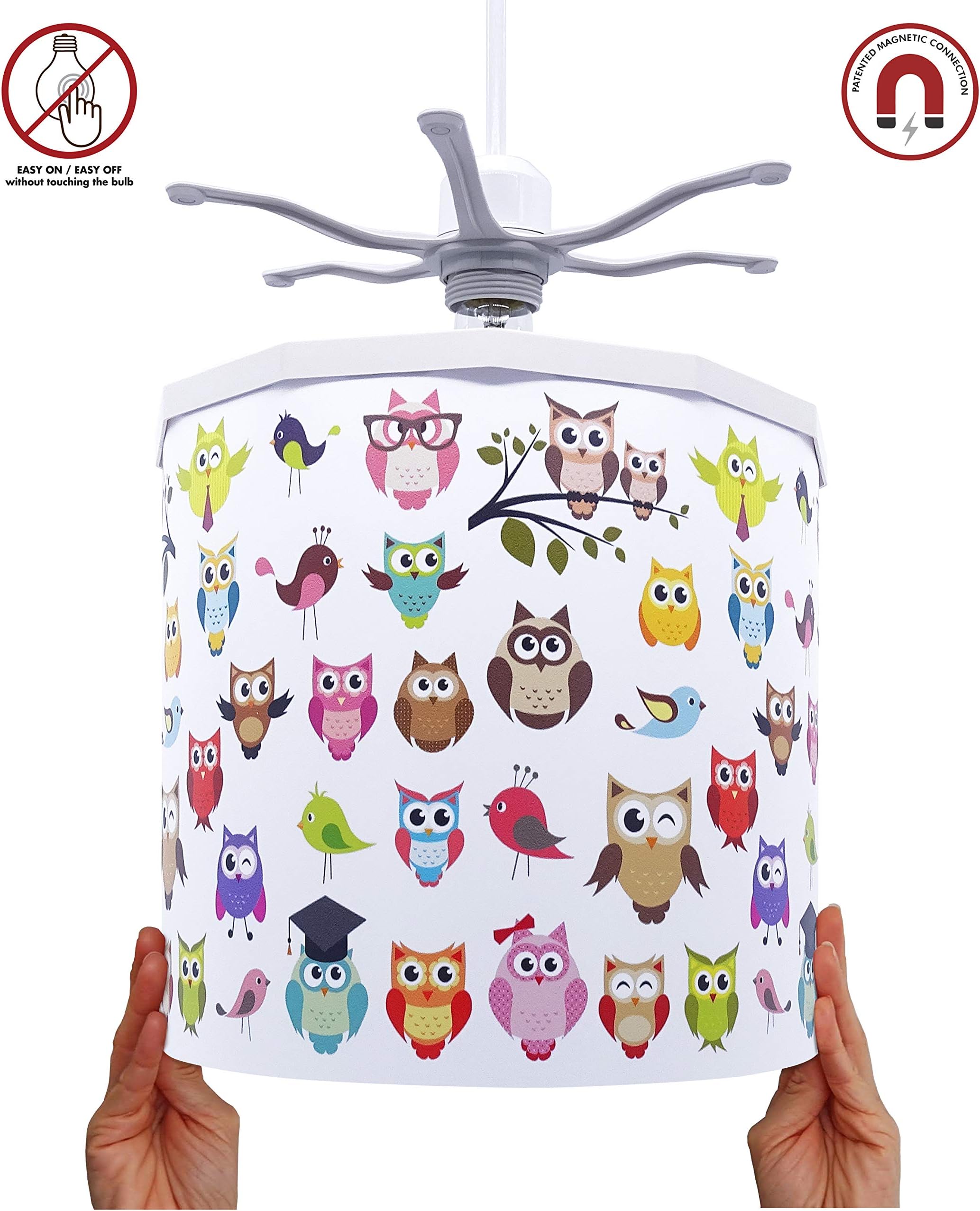 Ereki Ceiling Pendant Light Shade - Printed Colourful and Fun Designs Owls Light Cover - Magnetic Ceiling Light Lampshade Kit for Interchangeable Designs