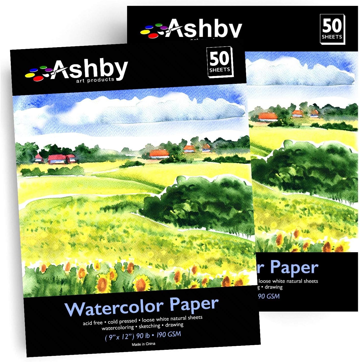 Ashby 100 Sheets of Practice Watercolor Paper (9" x 12") - 190 GSM, Acid-Free and Cold Pressed. Perfect for Painting or Drawing. Wet, Dry and Mixed Media. Bulk Pack