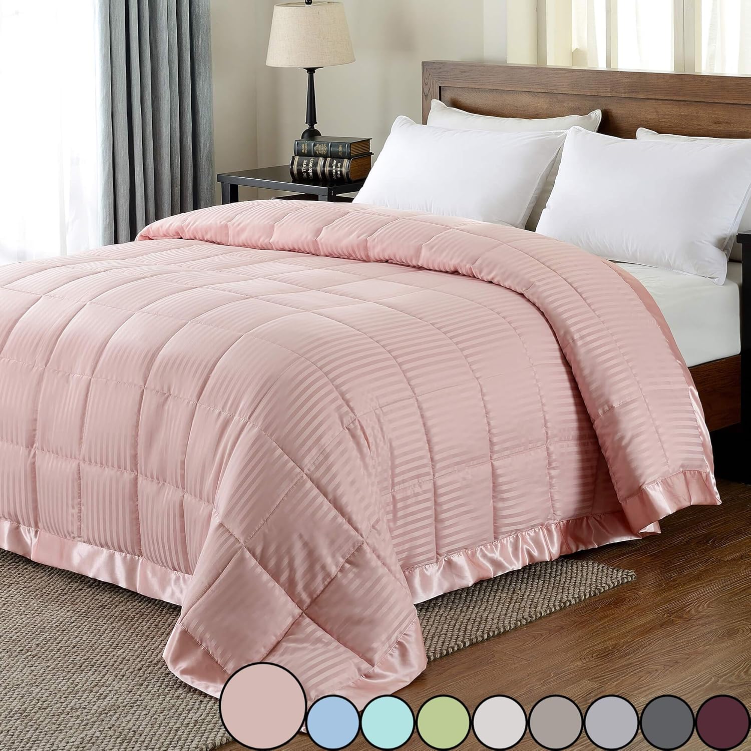 downluxe Lightweight Queen Down Alternative Blanket with Satin Trim, Pink, 90 X 90 Inch: Home & Kitchen