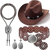 Chicingyou 4 Pcs Western Accessories for Women Cowgirl Hat Cowboy Bolo Tie Western Earrings Boho Belt for Party