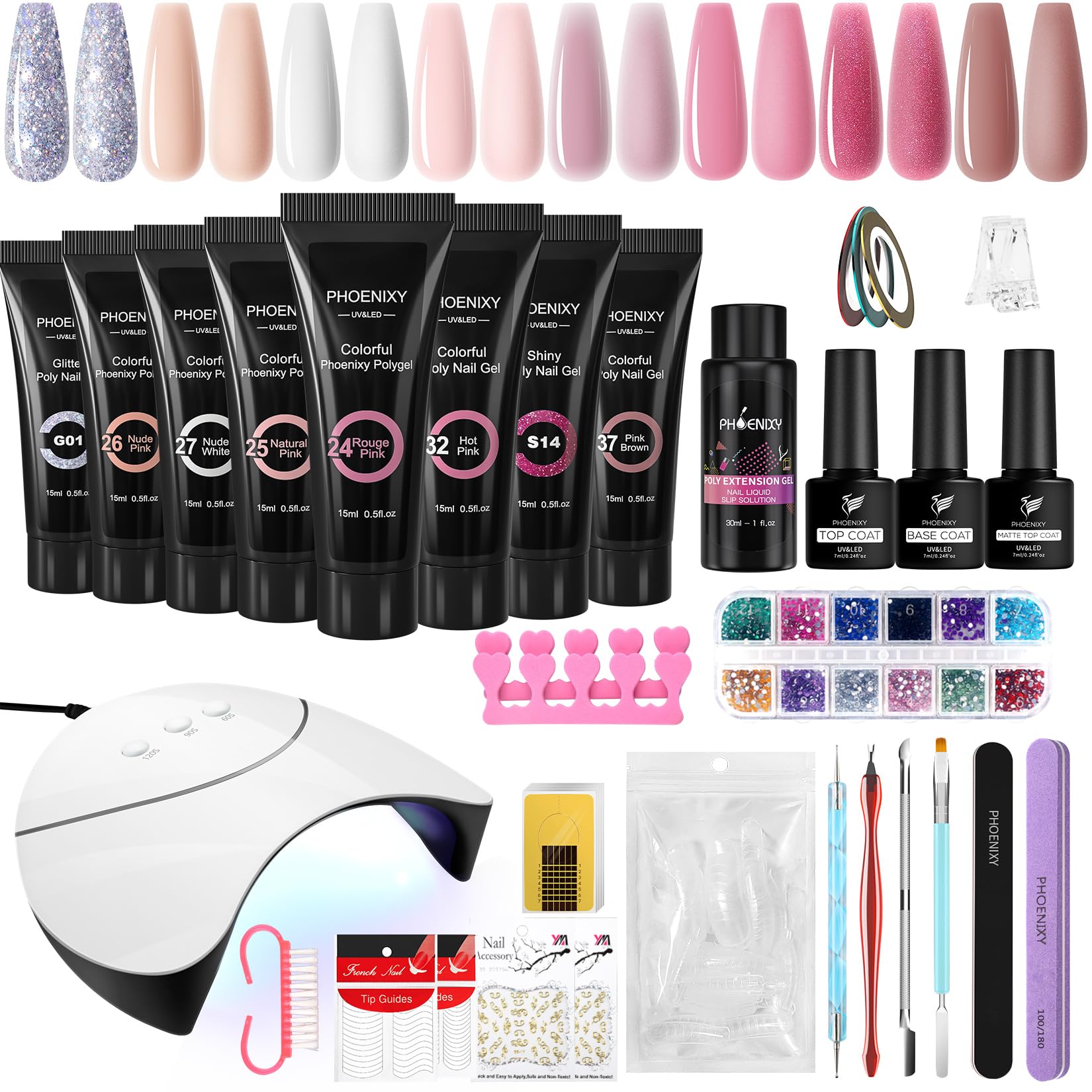 PHOENIXY Gel Nails Set, 8 Colour Poly Nail Gel Set with 36 W U V Nail Lamp, Poly Nail Extension Gel Starter Set with Base Coat, Shiny and Matte Top Coat, Gifts for Women