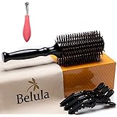 Boar Bristle Round Brush for Blow Out Set by Belula. Round Hair Brush For Blow Drying. Medium 2.4” Wooden Barrel. Hairbrush Ideal to Add Volume and Body. Free 3 x Hair Clips & Travel Bag