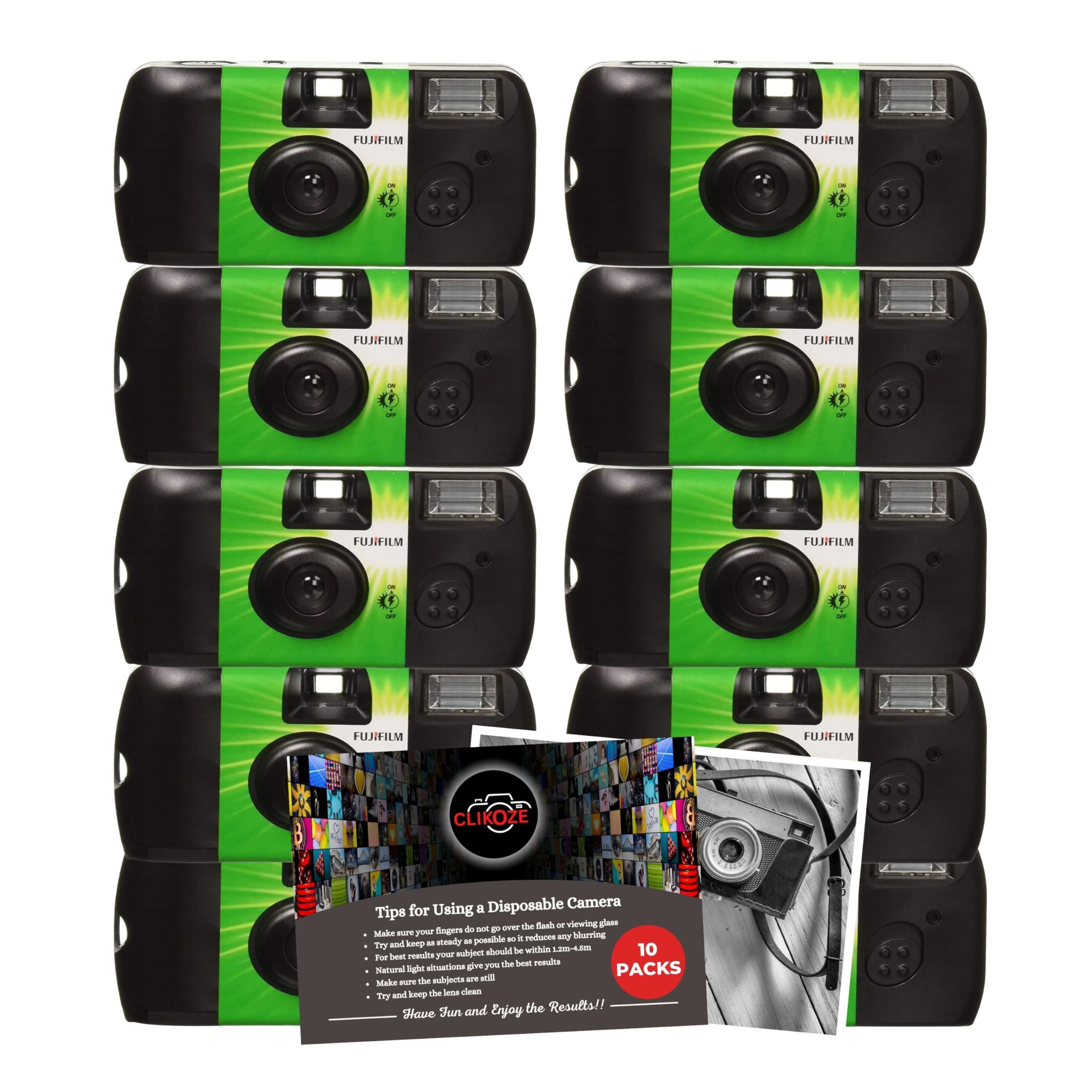 Disposable Camera Bundle with Fujifilm Quicksnap Flash 27 Exp 10 Pack and Clikoze Photography Tips Card