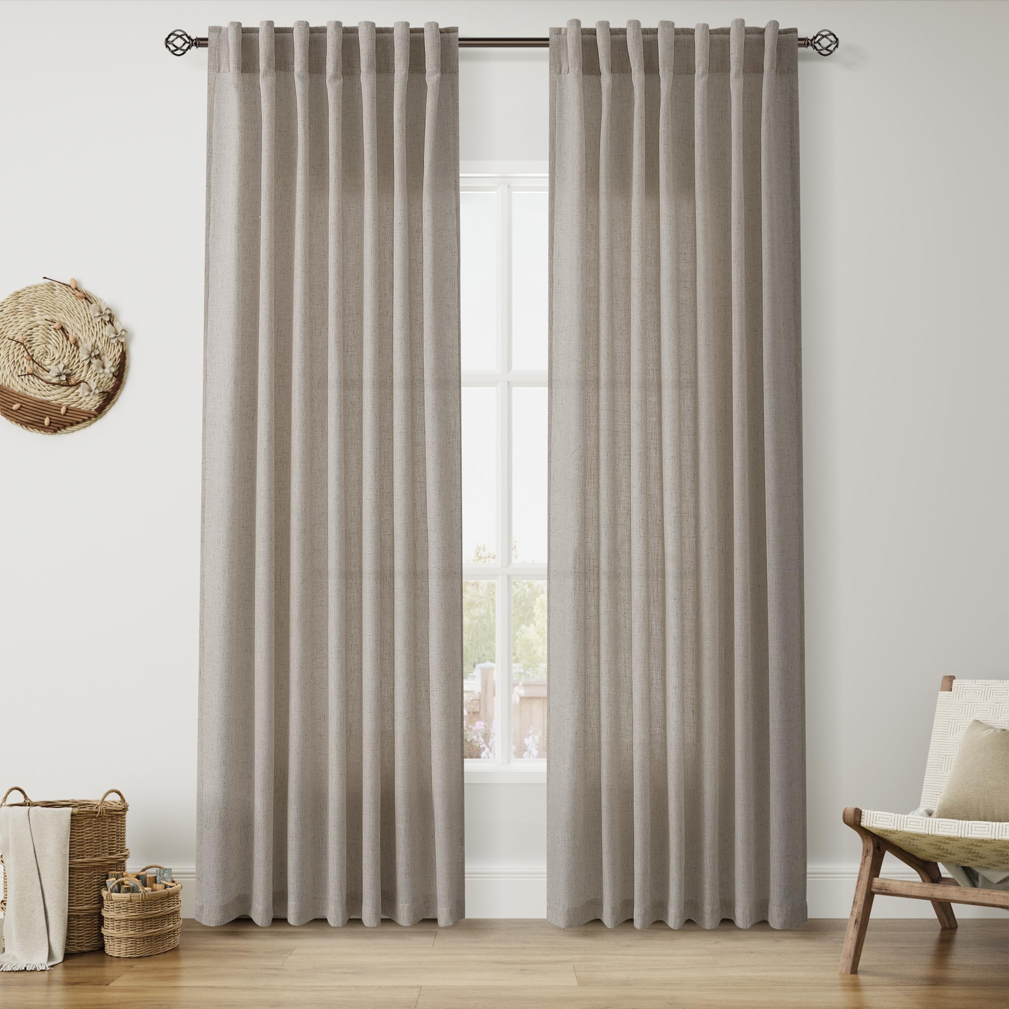 Nanspring Grey Beige Linen Curtains 84 Inches Long for Living Room Light Filtering Semi Sheer Curtain Back Tab Simple Modern Elegant Neutral Luxury Boho Gray Drapes for Bedroom 52x84, 2 Panels Image