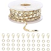 Loprome 16.4 Feet 14K Gold Plated Flat Link Chains for Jewelry Making, Bulk Link Chains Roll with Lobster Clasps and Jump Rings for Necklace Bracelet Anklet DIY Craft Jewelry Making