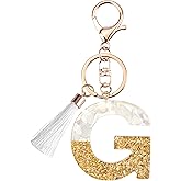 Suweibuke Cute Beige Key Chains for Women Girls, Initial Letter Keychains with White Tassel, Charms for Key Handbag Backpack