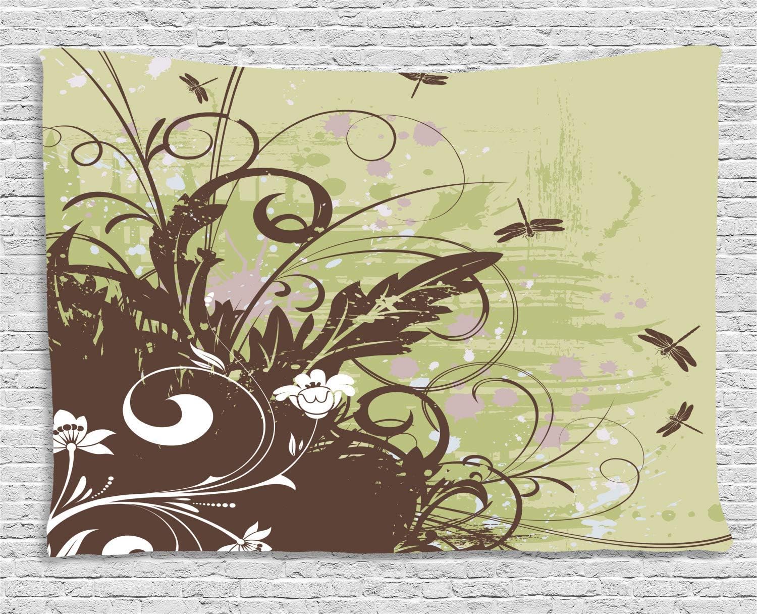 MLNHY Dragonfly Tapestry, Retro Style Flower with Grunge Effects in Vivid Tones Artsy Garden Image, Wall Hanging for Bedroom Living Room Dorm, 80 W X 60 L Inches, Khaki Brown Lilac