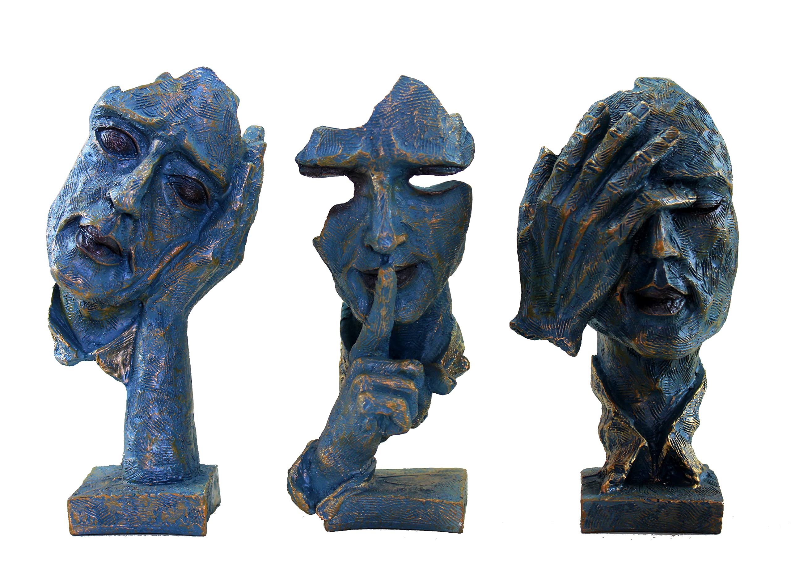 eSplanade Human Faces Zen Sculpture Showpiece | See Hear Speak No Evil | Face Expressions Statement Pieces | Home Decor | Set of 3 - Black-Golden - 8.5" Inches (Blue)