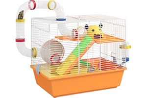 PawHut Hamster Cage 3 Tiers Small Animal House for Dwarf Hamster Gerbil Cage with Complete Tunnels, Water Bottle, Exercise Wh