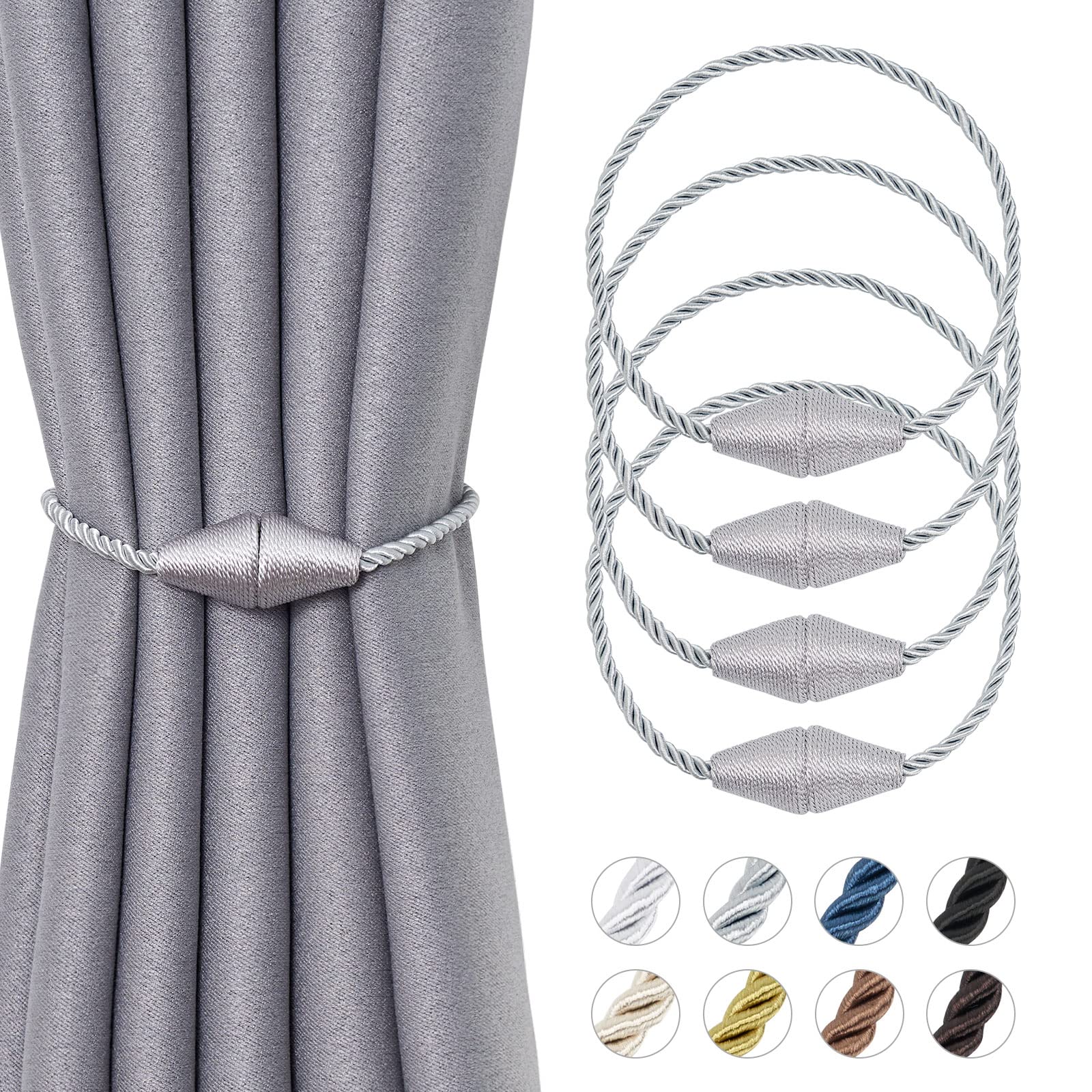 Pretty Jolly 4 Pack Upgrade Magnetic Curtain Tiebacks 16 Inch Handmade Weave Rope Curtain Holdbacks Convenient Decorative Cone Curtain Drape Tie Backs for Home & Office Window Drapery (New Grey)