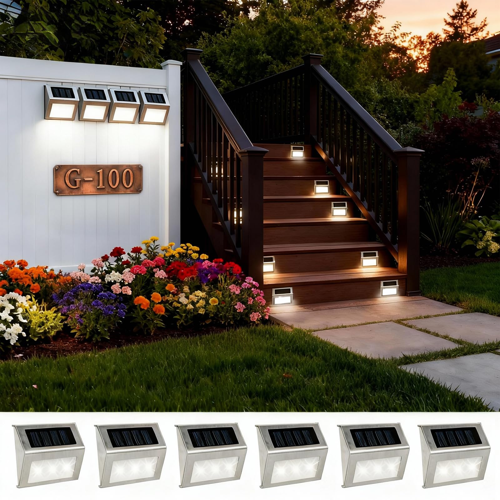 NEWNEN Stainless Steel Solar Fence Lights: 6 Pack Solar Deck Lights Waterproof Solar Powered Step Lighting 3 LED for Outdoor Railing Wall Steps Decks Backyard Paths Patio Pathway- Cool White