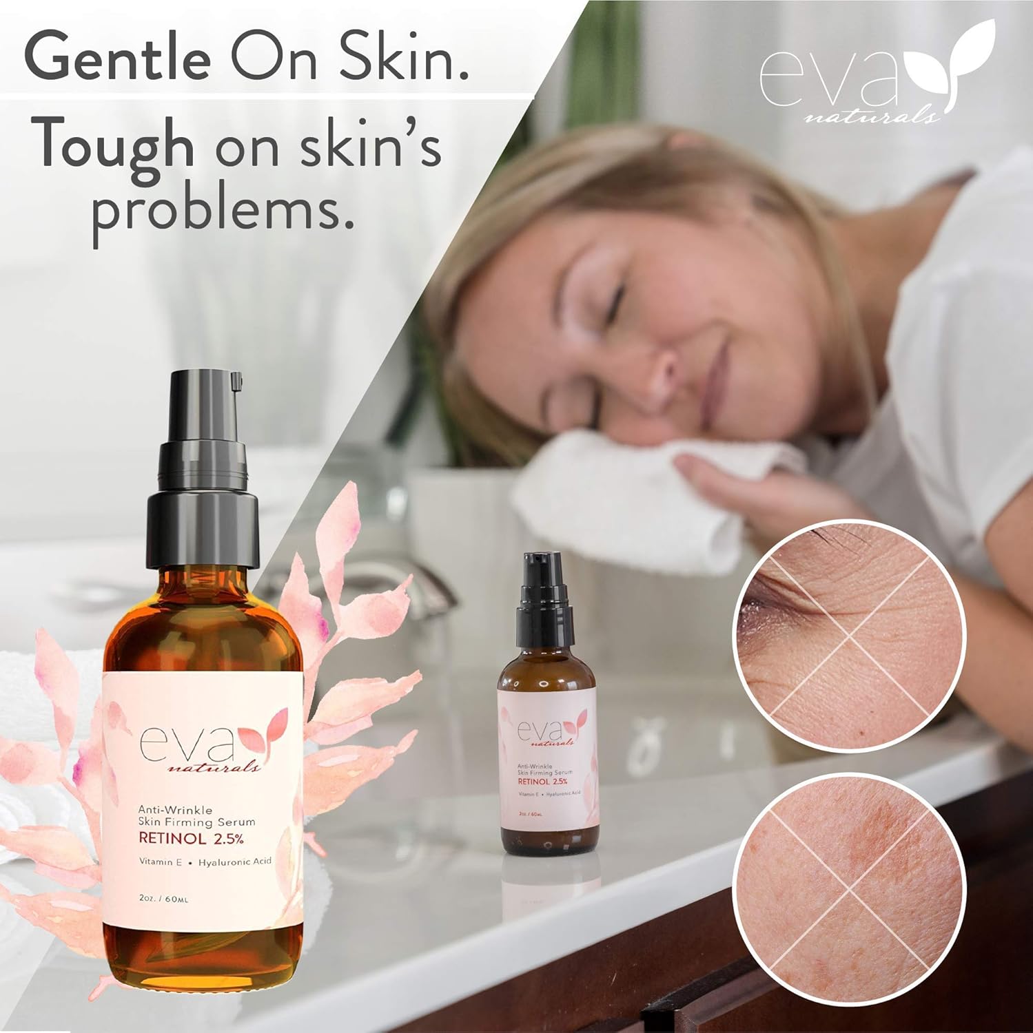 Natural Vitamin A Retinol Serum 2.5%, XL 2 oz. Bottle – Anti-Aging Serum + Vitamin E Oil, Jojoba Oil, Witch Hazel – Hyaluronic Acid Serum for Face Fades Wrinkles, Dark Spots, Damage by Eva Naturals: Beauty