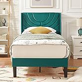 VECELO Twin Size Upholstered Platform Bed Frame with Fabric Headboard,Wooden Slats Support/No Box Spring Needed/Mattress Foundation,Dark Green