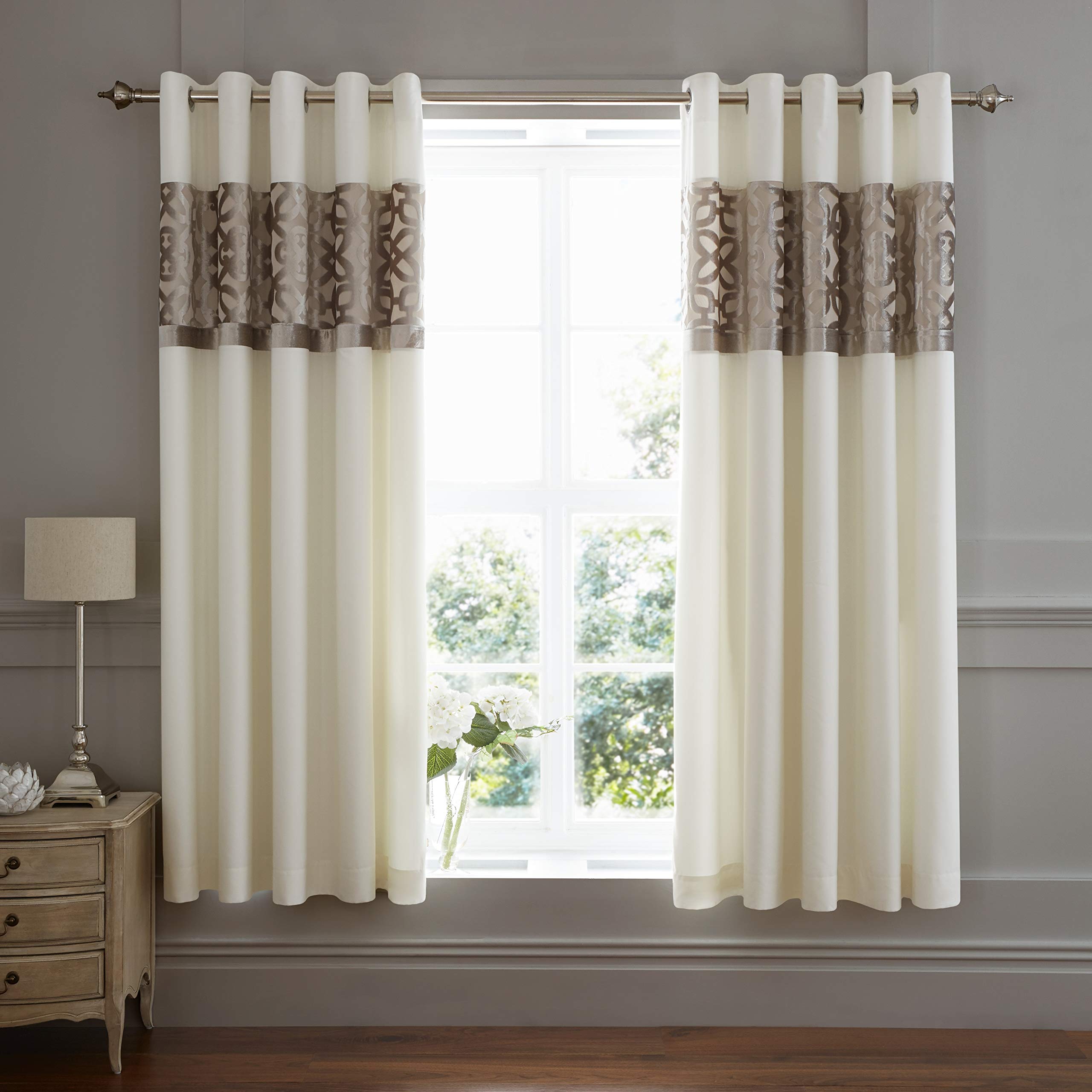 Catherine Lansfield Lattice Cut Velvet 66x72 Inch Lined Eyelet Curtains Two Panels Natural