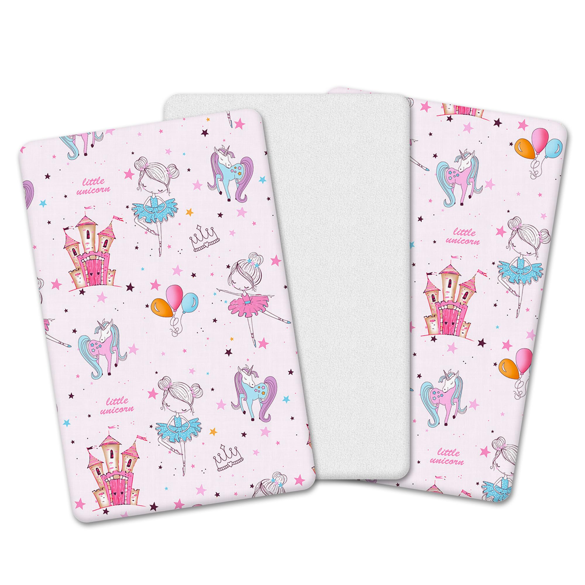 The Perfect Trio (90 x 50 cm) | 2x 100% Pure Cotton Crib Fitted Sheets & 1 Waterproof Mattress Protector (Baby Pink - Fairy Tales, 90 x 50 cm)