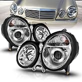 AmeriLite for 2000-2002 Mercedes-Benz E Class W210 Crystal Projector Chrome Replacement Headlights Pair - Passenger and Driver Side
