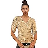 SEVOBA PROM Womens Sequin Tops 3/4 Sleeve Sparkly Tops V Neck Velvet Sequin Shirt Concert Party Club Glitter Top