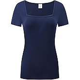 OThread & Co. Women's Short Sleeve T-Shirt Comfy Square Neck Shirts Basic Stretch Layer