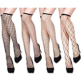 AOZUO 4 Pairs Women's Knee High Fishnet Stockings, Mesh Net Hollow Out Socks Black Fishnets Stockings for Women Girls Trouser