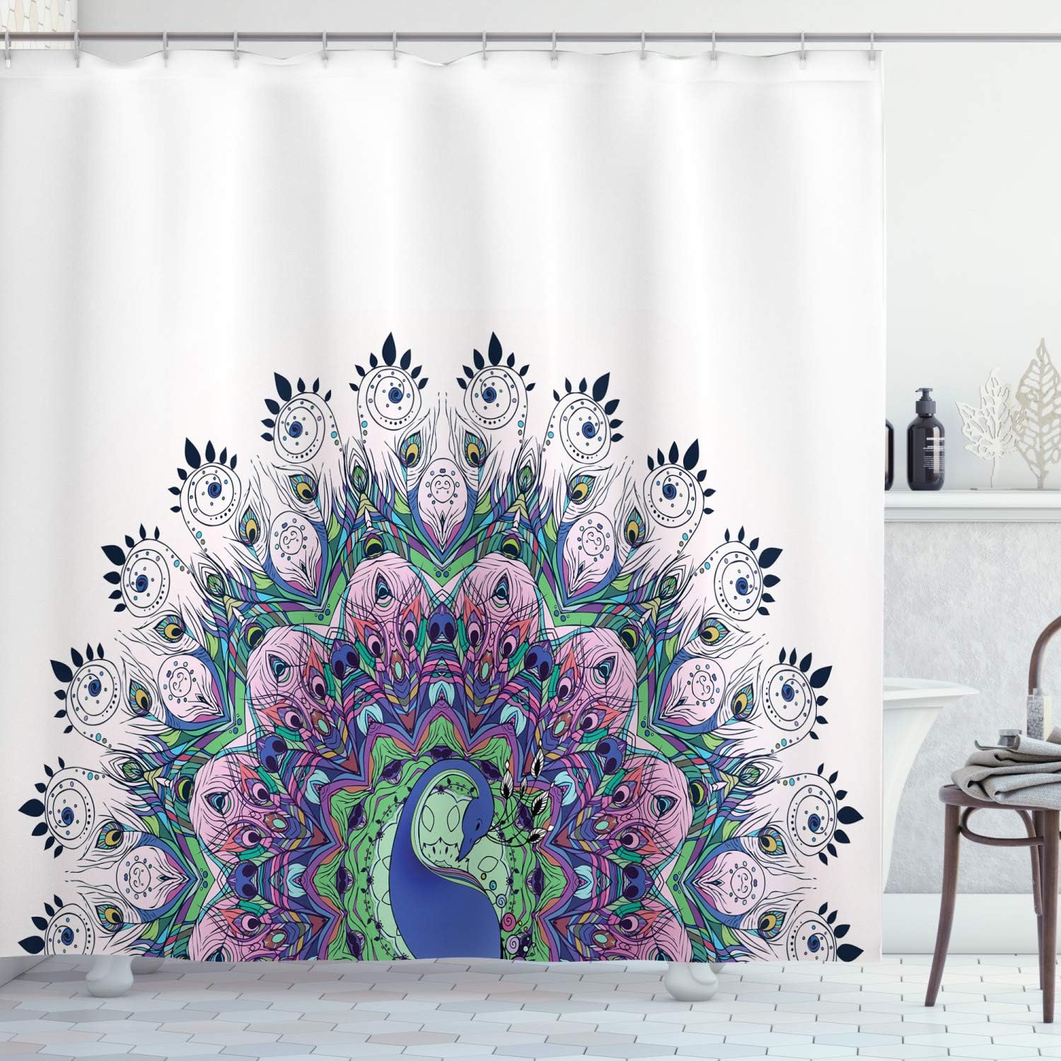 Amazon Com Ambesonne Peacock Shower Curtain Peacock Illustration Exotic Wildlife Feather Ornament Vintage Oriental Cloth Fabric Bathroom Decor Set With Hooks 70 Long Pink Navy Home Kitchen