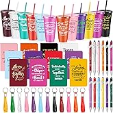 Hollowfly 12 Sets / 48 Pcs Team Appreciation Gifts for Employee, 24 oz Inspirational Plastic Cups Bulk with Lid and Straw Notebooks Ballpoint Pens Keychain Set, Bulk Gifts for Coworkers (Colorful)