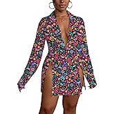 LYANER Women's Button Down Shirt Dress Collar V Neck Long Sleeve Slit Sexy Shirt Dresses