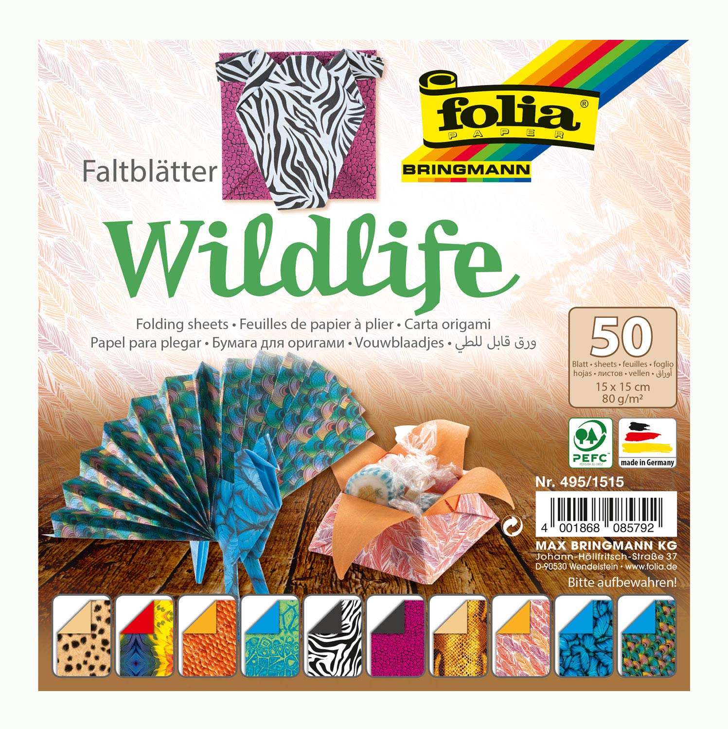 folia Wildlife 495/1515 Folding Sheets 15 x 15 cm, 80 g/m², 50 Sheets Assorted in 10 Designs - Ideal for Beautiful Folding Figures and Shapes