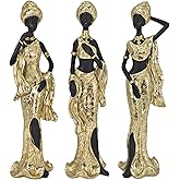 African Statues for Home Decor - 3 Pack Tribal Lady Sculpture,Handcrafted Vintage Home & Office Decor for Bookshelf, Desk, Table - Unique Gift for Women, Mom, Birthday, Christmas - Elegant Gold Finish