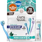 GuruNanda Disposable Travel Toothbrush 1.0, Fluoride Free Toothpaste, 70 ct | 2-In 1 Ready-To-Go Soft Bristle Toothbrushes with Toothpick|Individually Wrapped Travel Essentials|Made with Recycled Plastic