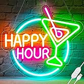 Basaneon Happy Hour Neon Sign Dimmable Led Happy Hour Neon Bar Signs for Home Bar, USB Powered Bright Cocktails Happy Hour Neon Signs for Wall Decor Bar Pub Man Cave Party Art Decor(14.1*12.5inches)