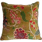 Creative Co-Op Cotton Blend Velvet Printed Pillow with Flowers and Mini Pom Pom Trim, Multicolor