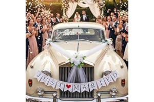 Luxury White Wedding Car Decoration Kit – Elegant Artificial Flower Hood Garland with Satin Ribbons,Bows & Rearview Mirror Bo