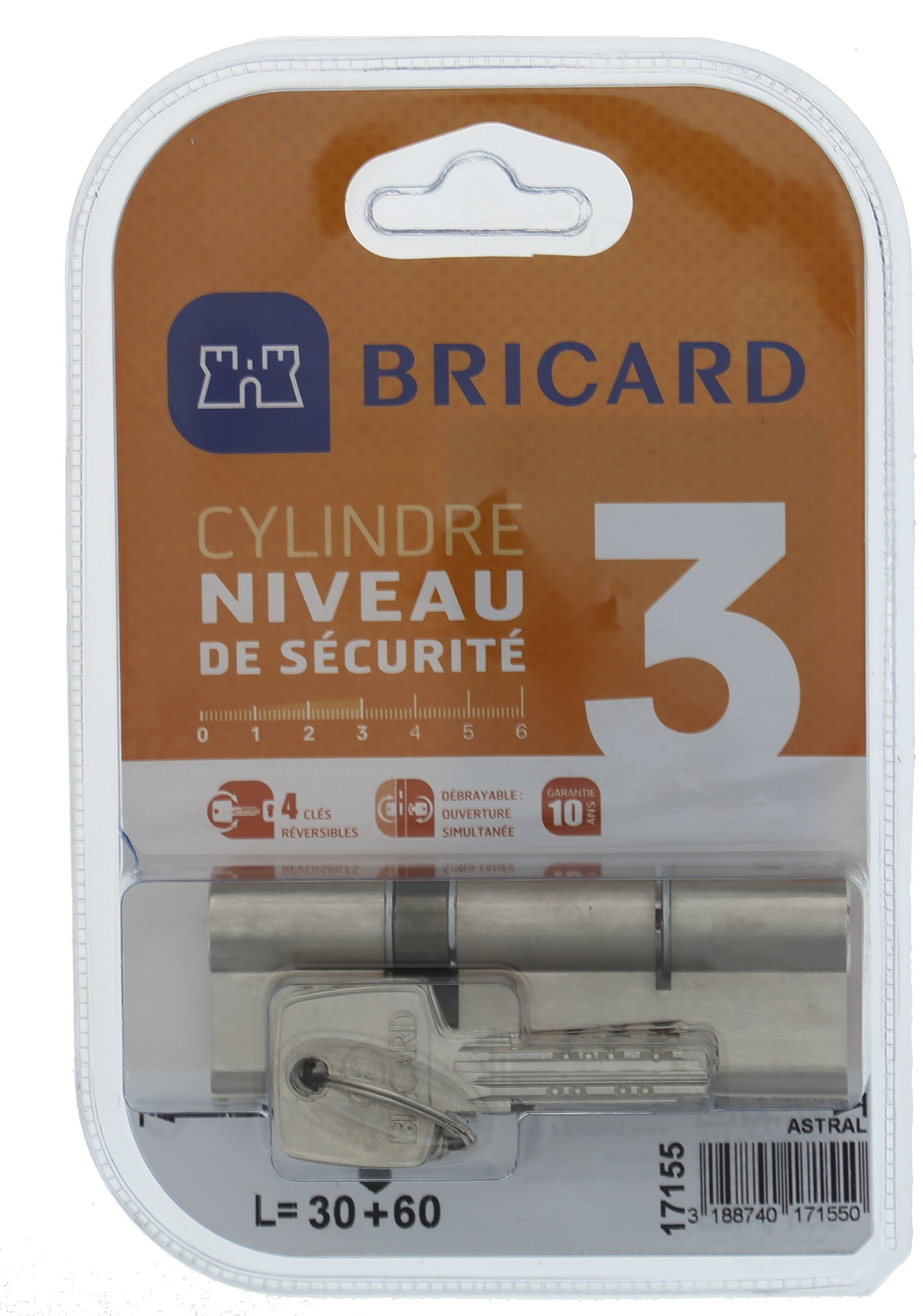 BRICARD 17155 Double Astral 2.9 10 Nickel-Plated Brass Cylinder Piston Input, Protection Against Drilling and Personal Protection. Card, Nickel-Plated, Steel, 90 = 30 + 60