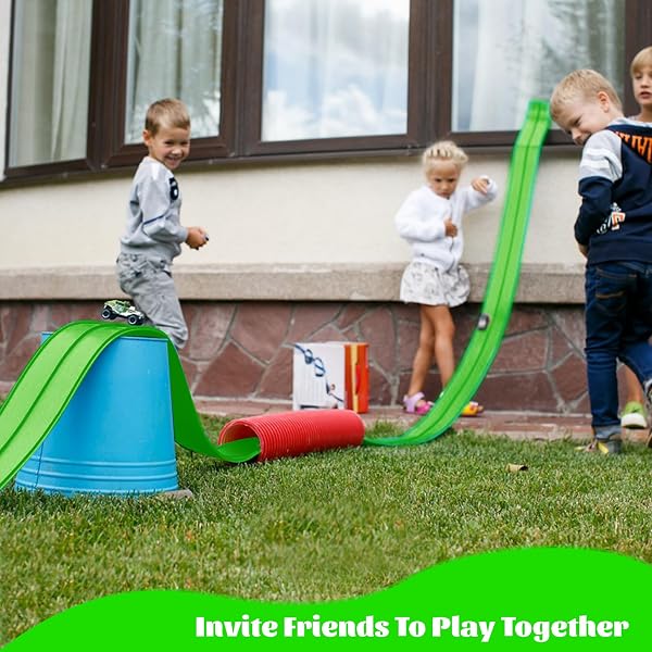 FLEXIBLE RACE CAR TRACK FOR KIDS TOY, 19FT PORTABLE TWO‑LANE RACING STARTER SET, WALL MOUNT SUCTION CUPS MAGNETS HOOKS, COMPATIBLE FOR VEHICLES UP TO 1/64TH SCALE-GREEN