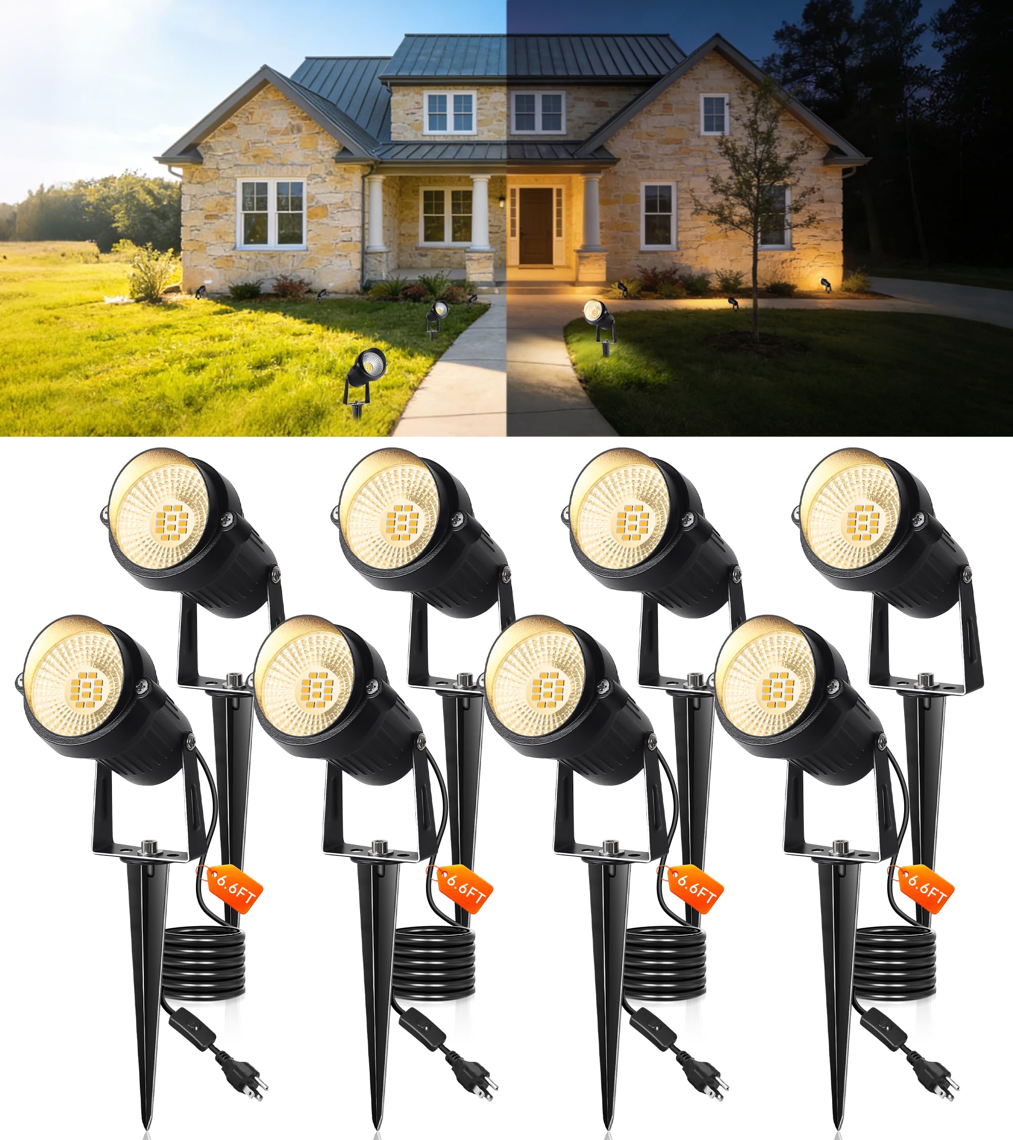 Photo 1 of 12W Landscape Lighting, IP66 Waterproof Spotlight with 6.6Ft Cable + Plug+ Switch, 3000K LED Landscape Lights for Yard Garden Tree House Halloween Christmas, 1400LM Landscape Warm White Light, 8 Pack