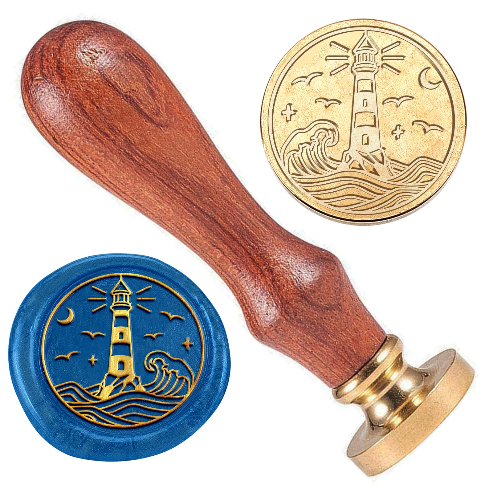 DELORIGIN Lighthouse Wax Stamp, Wave Wax Sealing Stamp 1" Brass Head Stamp with Wooden Handle Retro Wax Seal Stamp for Gift Wrapping Envelopes Cards Letters Wine Packages Decoration