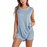 SeekMe Womens Summer Knit Sweater Set Sleeveless Tunic Top Matching Shorts 2 Piece Outfits Trendy Beach Louge Vacation Set