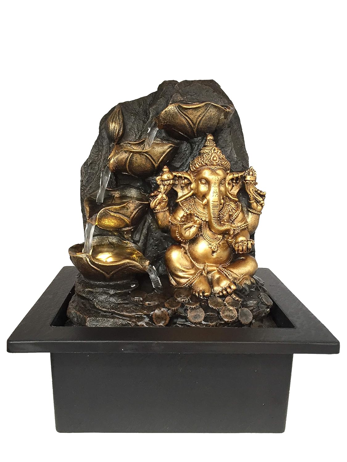 Golden Vastu Ganesha Water Fountain with Lotus Leaves Cups, set amongst