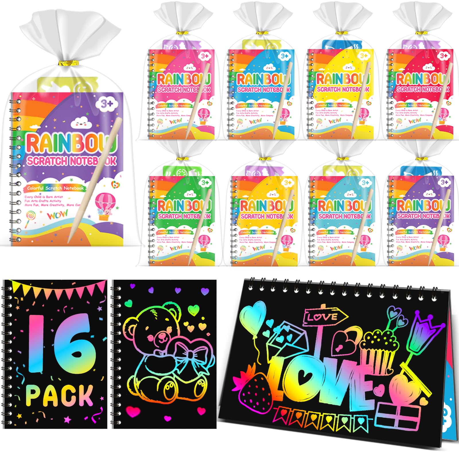 LIKYMO Party Bag Fillers for Kids - Scratch Art Party Bag Fillers, Arts and Crafts Rainbow Scratch Notebooks Gifts age 4-9 Birthday Classroom Gifts for Boys Girls (16-pack)