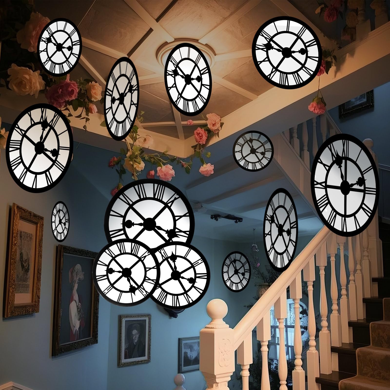 Soulchen 20 Pcs Wonderland Tea Party Decoration Clock Hanging Wonderland Garland Baby Shower Decoration Curious Clock Background for Birthday Baby Shower Party Supplies