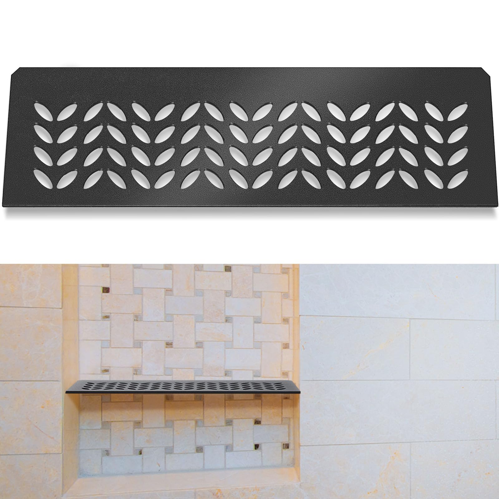 Photo 1 of Teenyyou 1 Pcs Aluminum Shower Niche Rectangular Shelf Black 5/32"/ 4 mm Thick, Petal Design, Matte Black Finish for 12" Prefabricated Niches, Fits 5/32" Grout Line
