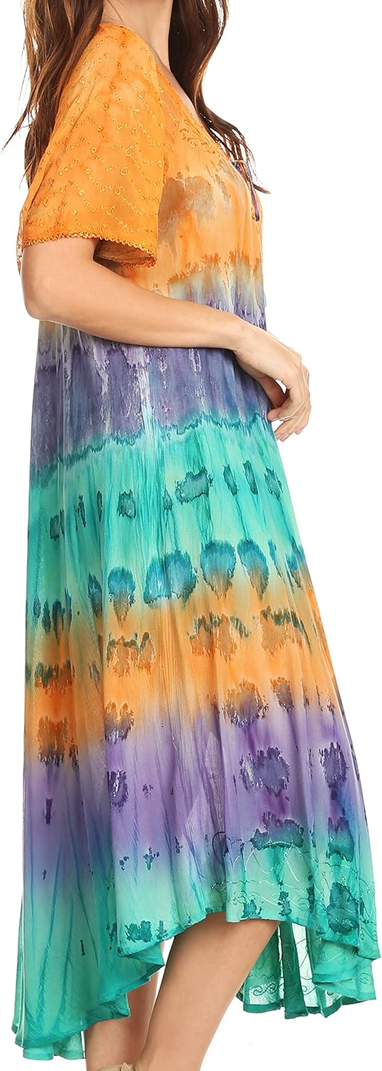 Sakkas 17506 - Sula Long Laced Cotton Tie-Dye Wide Neck Embroidered Boho Sundress Cover Up - Orange/Mint - OS - Image 5