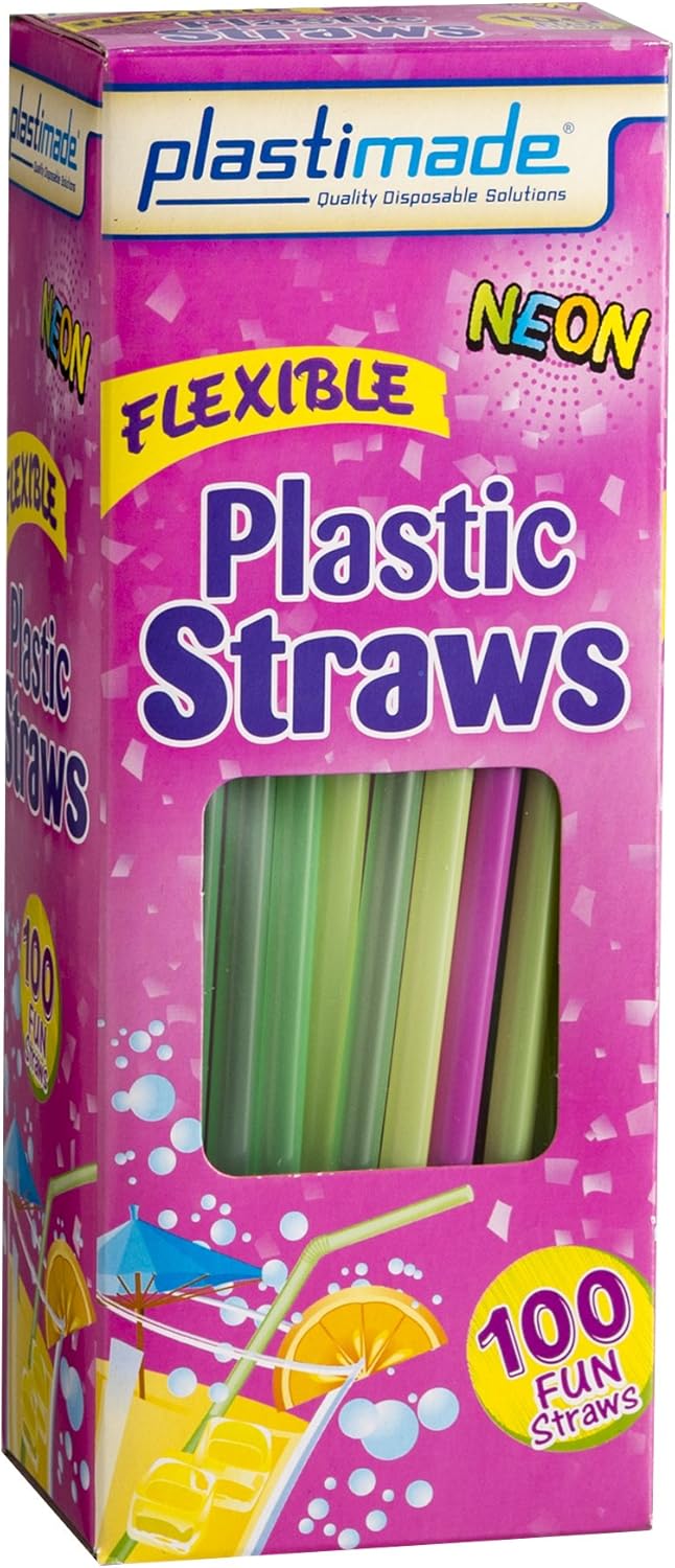 [400 Count] Plastimade Fun Colored Plastic Disposable Drinking Flexible Straws For Home, Office, Wedding, Events, Parties, Take Out, Water, Juice, Soda, Beer, Cocktails, (4 Packs): Kitchen & Dining