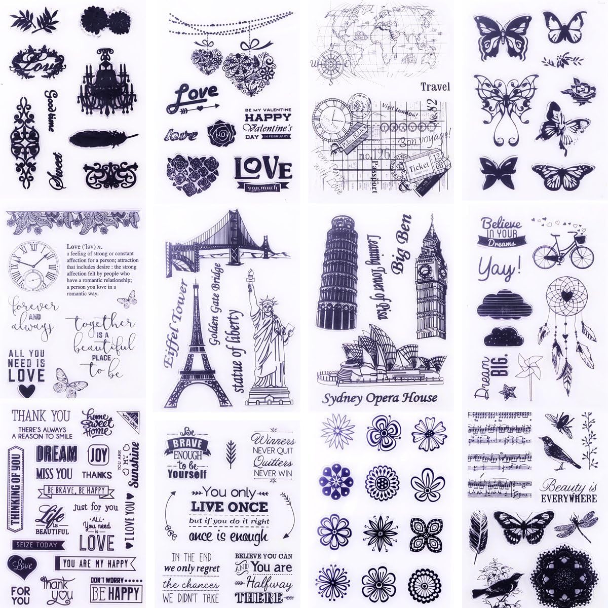 Clear Stamps for Cards Making 8 Sheets Scrapbook Rubber Silicone for DIY Scrapbooking Seal Photo Album Wish Decorative Butterfly Love Heart Words Kits(12 Sheets)