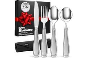 BunMo Weighted Utensils for Tremors and Parkinsons Patients - Heavy Weight Silverware Set of Knife, Fork and Spoon - Parkinsons Gifts for People with Parkinson's - Adaptive Eating Flatware (4 Pieces)