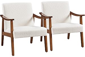 Yaheetech Fabric Accent Chair, Mid-Century Modern Armchair with Solid Wood Legs, Reading Leisure Chair with High Back for Living Room Bedroom Waiting Room, Set of 2, Ivory